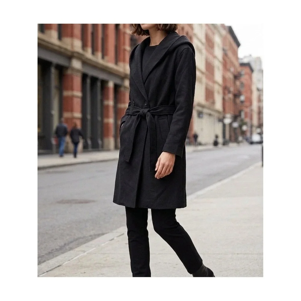 Avec Les Filles Black Hooded Double Breasted Belted Trench Coat Size M 69286 NEW
